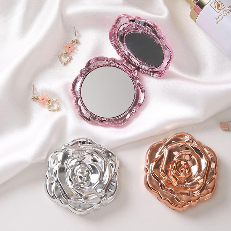 Beauty Flower Makeup - Tragbarer Mini-Spiegel, Retro-Rosenblume, kleiner Taschen-Make-up-Spiegel, doppelseitiger
