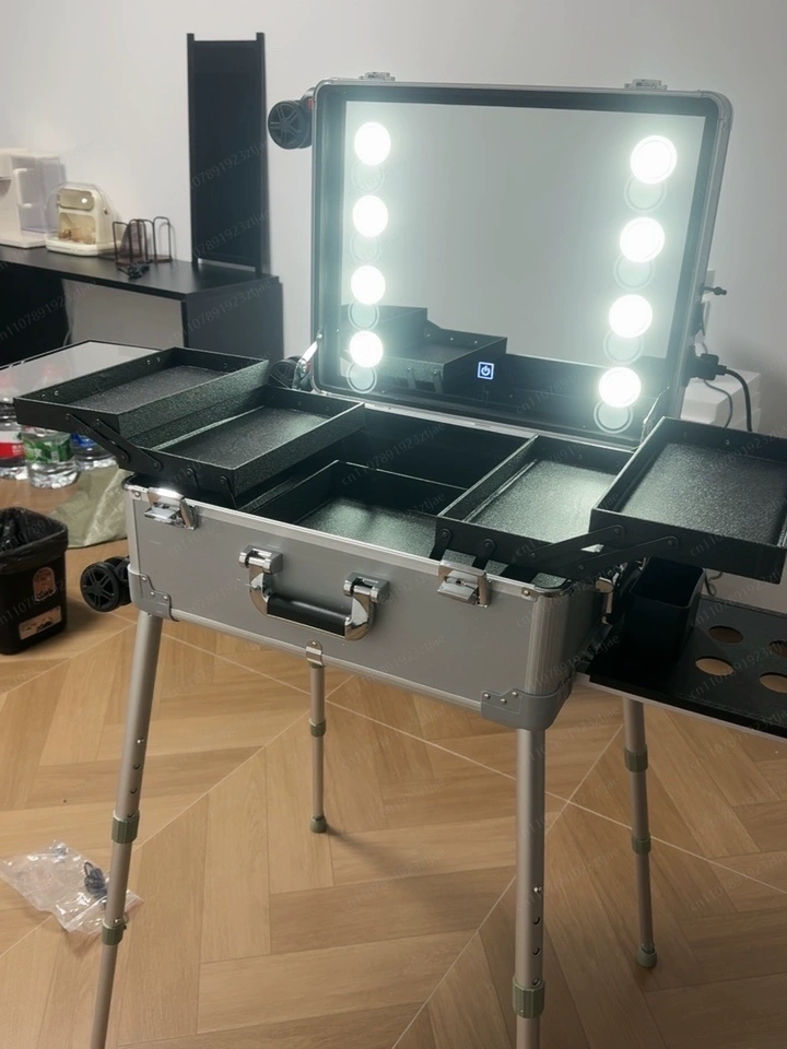 Beauty Makeup Trolley - 22-Zoll-Trolley-Koffer mit LED-Lichtspiegel, Aluminium-Profi-Rollkoffer für Kosmetik,