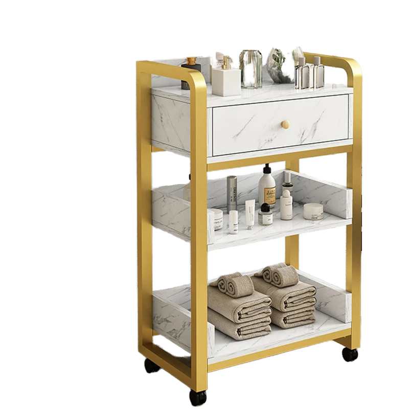 Beauty Makeup Trolley - Moderner Gold-Weißer Salon-Trolley, Abnehmbarer Beauty-Make-up-Aufbewahrungswagen, Friseursalon-Trolley,